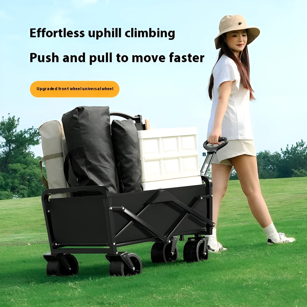Black metal camping trolley with 8-inch off-road wheels and brakes, 400kg load capacity, on outdoor ground.