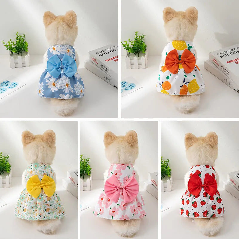 Lightweight floral butterfly princess dress for dog or cat with a decorative bow on the chest.