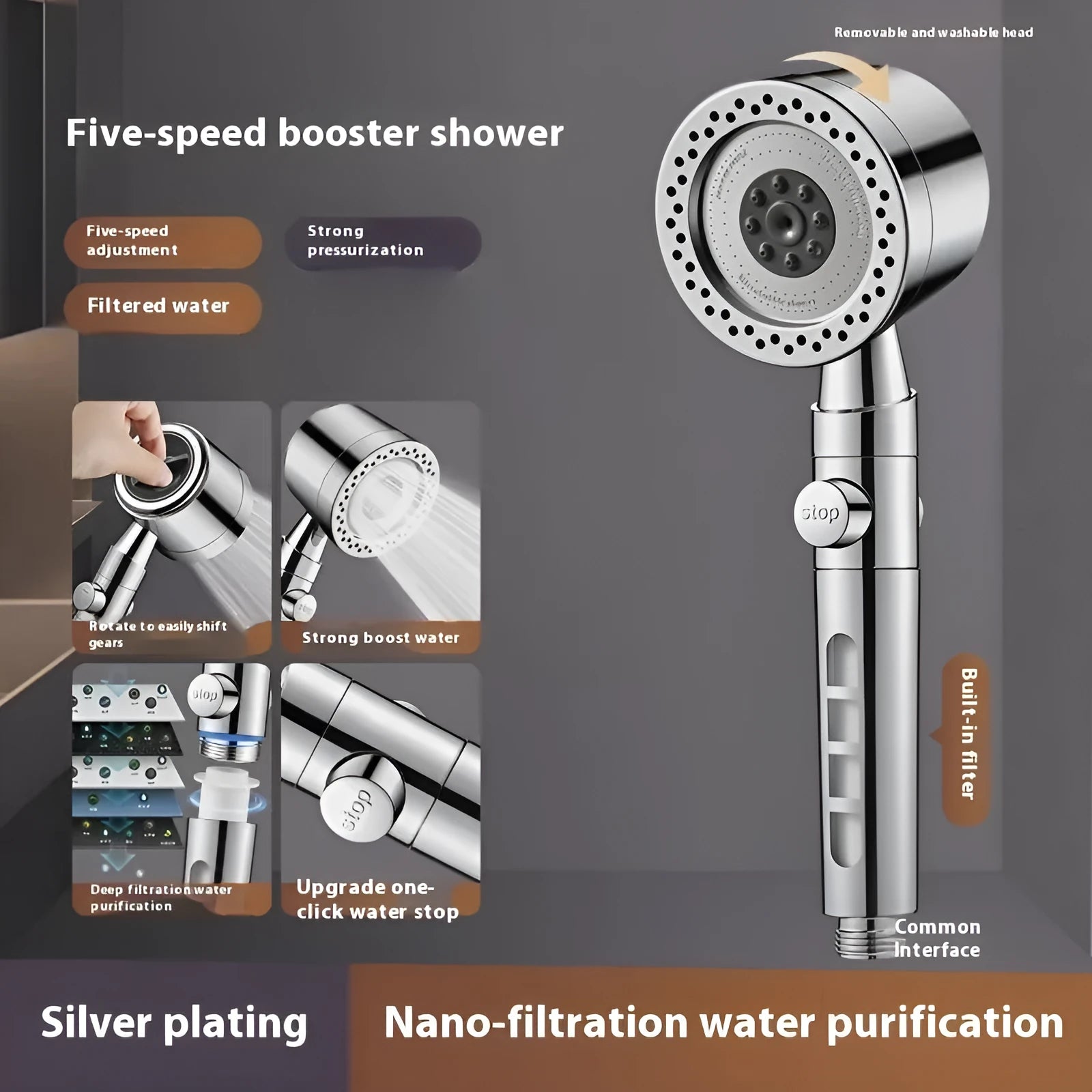 Silver portable shower head with chrome finish and multiple spray functions