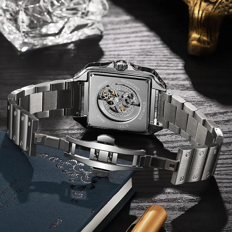 Square automatic watch for men with diamonds on dial, on black steel bracelet
