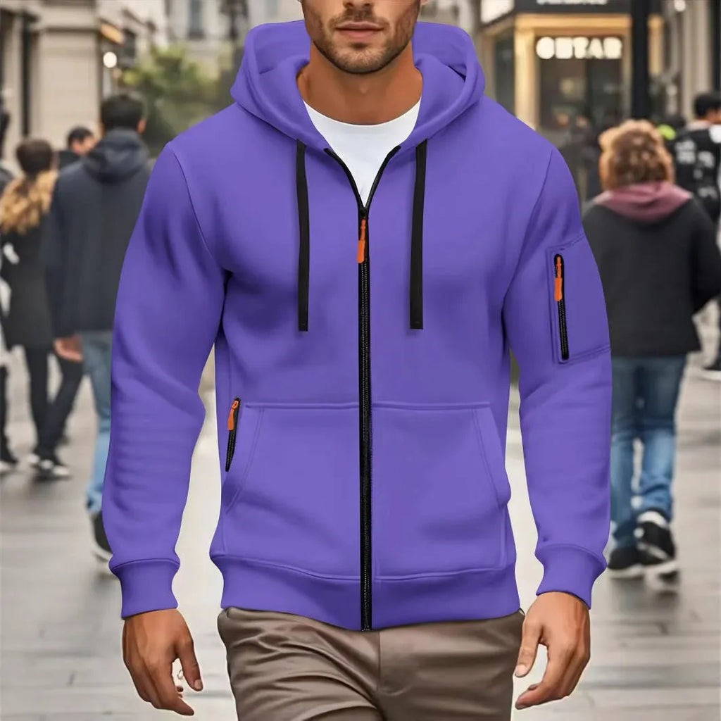 Man wearing a camel-coloured zip-up hooded cardigan coat with a wool lining.