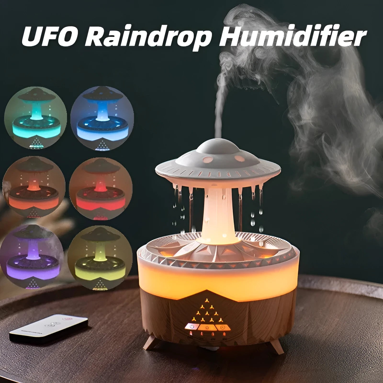 White cloud-shaped humidifier with raindrop mist and coloured night light on wooden table