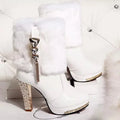 Women's black ankle boots with a chunky high heel on a plain background.