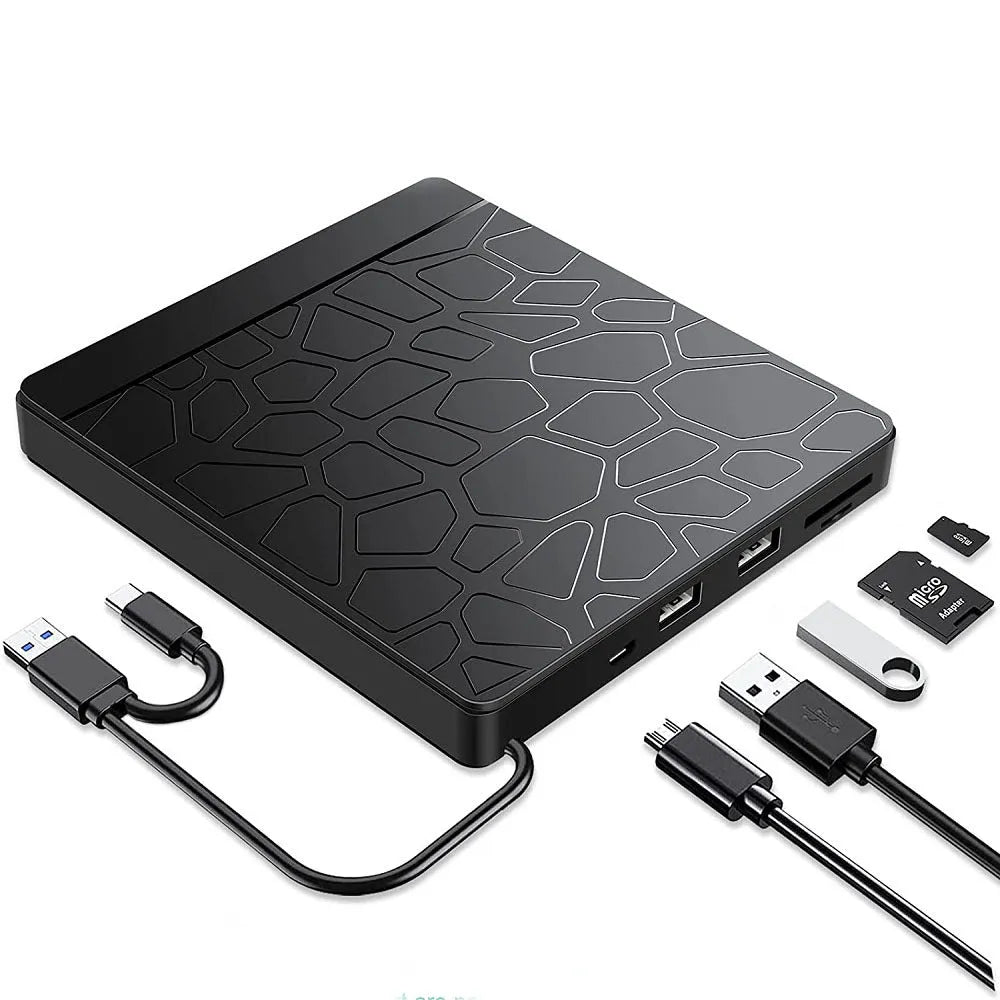 Black portable external optical drive with dual interface connections for laptop computers