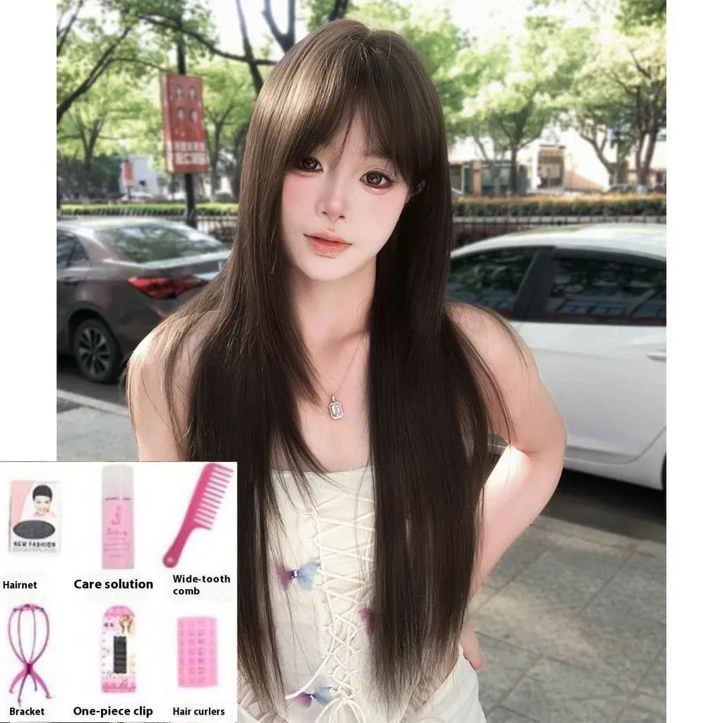 Brown black synthetic wig with black tea simulation treatment and wear-free hair net