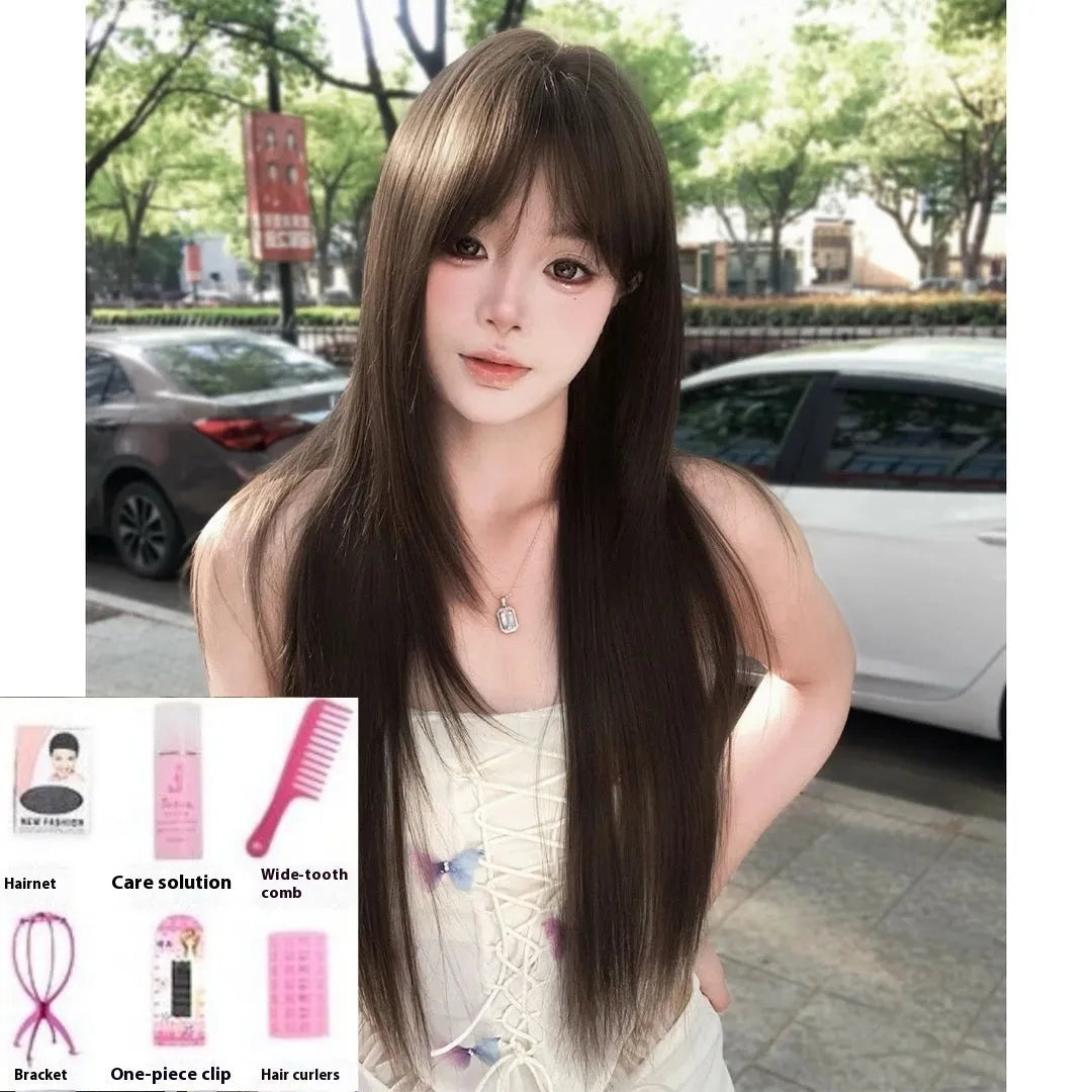 Brown black synthetic wig with black tea simulation treatment and wear-free hair net
