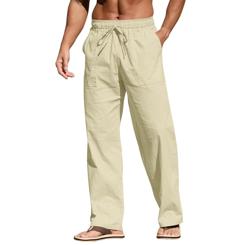 Men's cotton linen straight leg trousers with drawstring waist in various colours