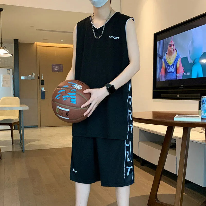 Basketball sports suit with sleeveless vest and matching shorts on a hanger