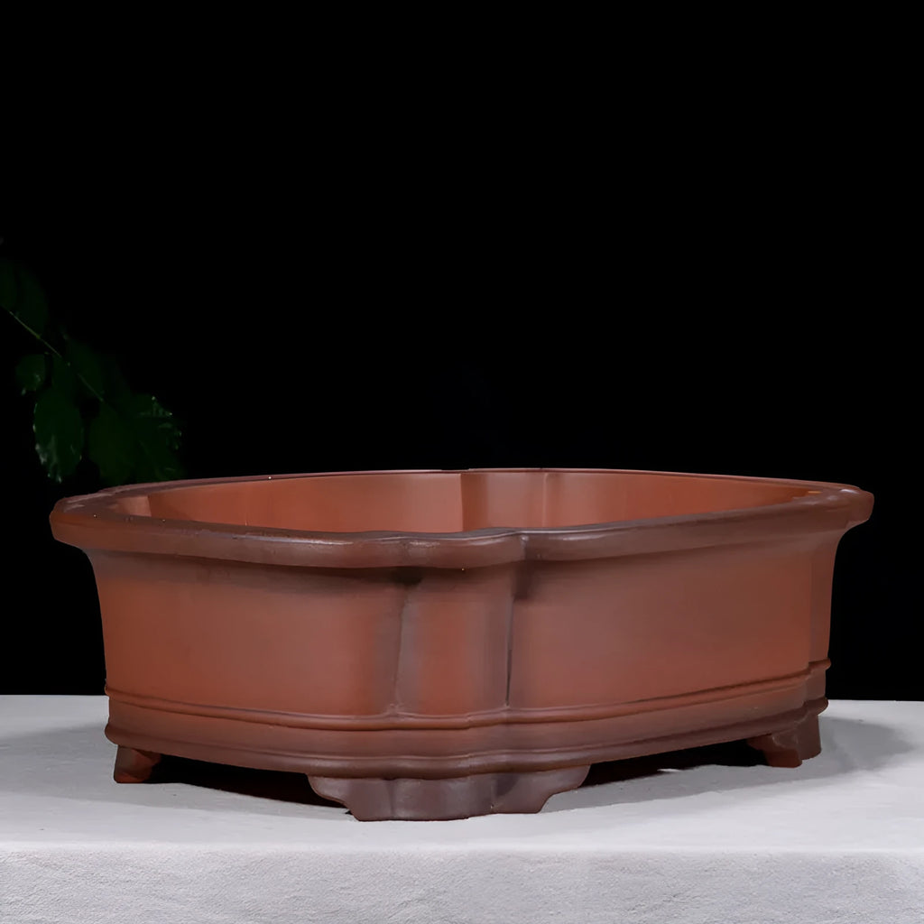 Large rectangular purple clay flowerpot with antique finish and traditional Chinese design