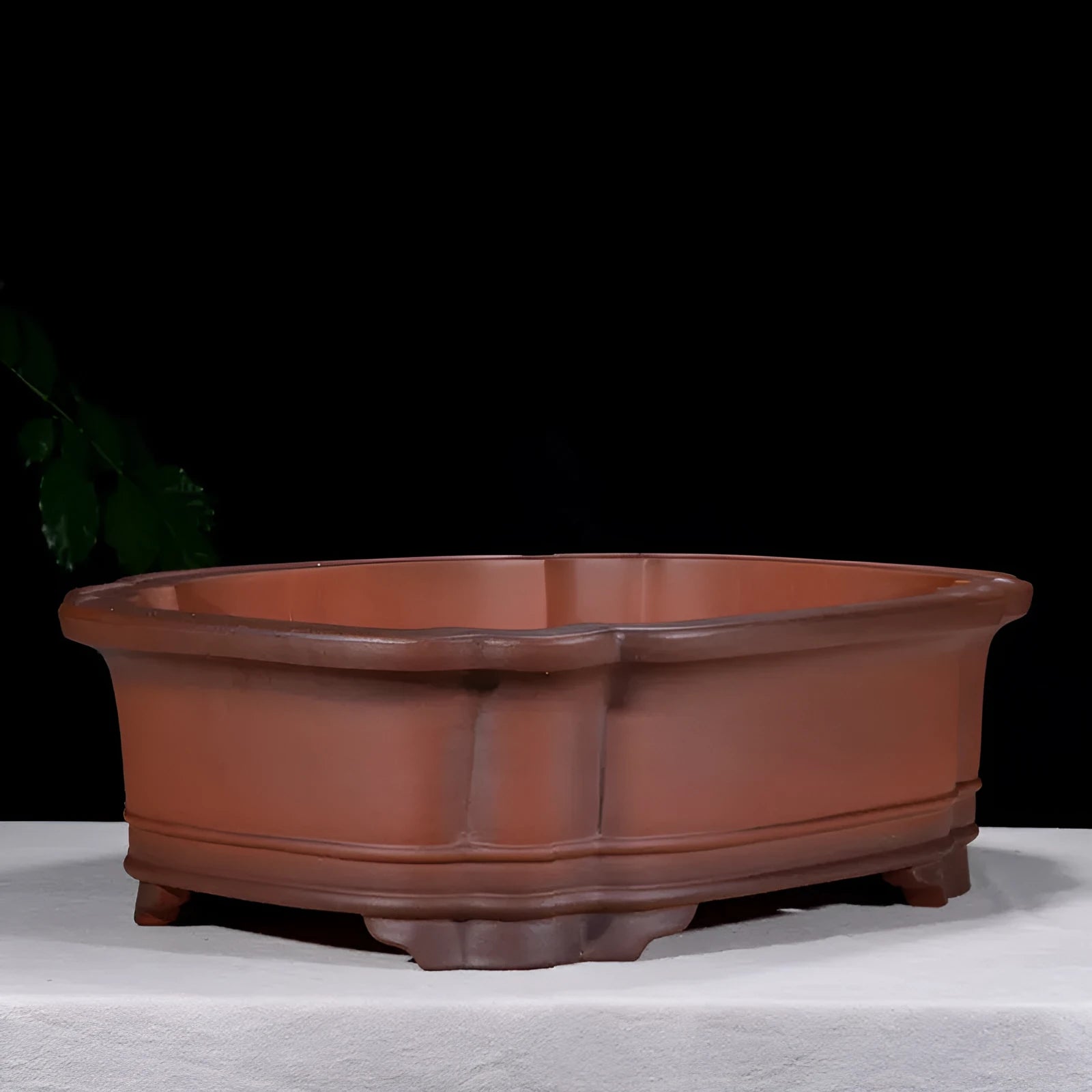 Large rectangular purple clay flowerpot with antique finish and traditional Chinese design