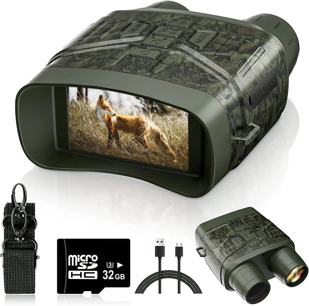 Black handheld 4K night vision monocular with LCD screen showing a clear night-time image.
