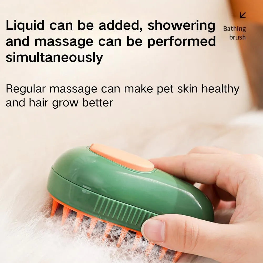 Green and white rechargeable cat steam brush with water spray function and silicone teeth