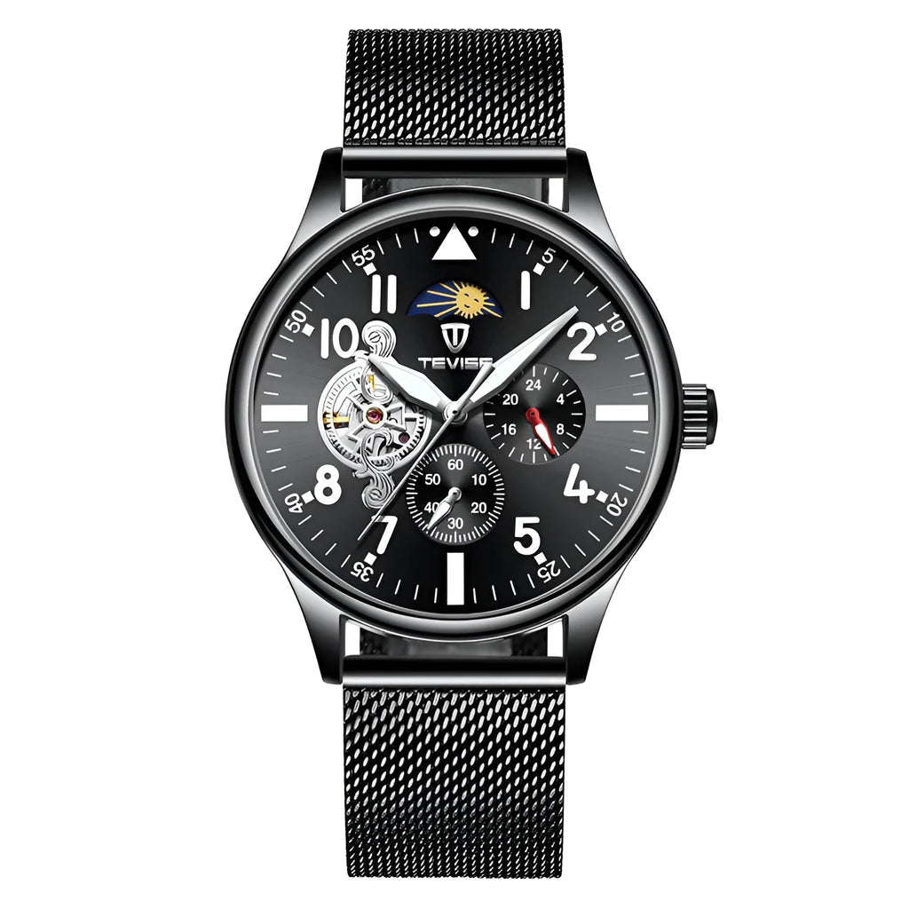 Black mechanical men's watch with 41mm alloy case, mineral glass, and luminous markers