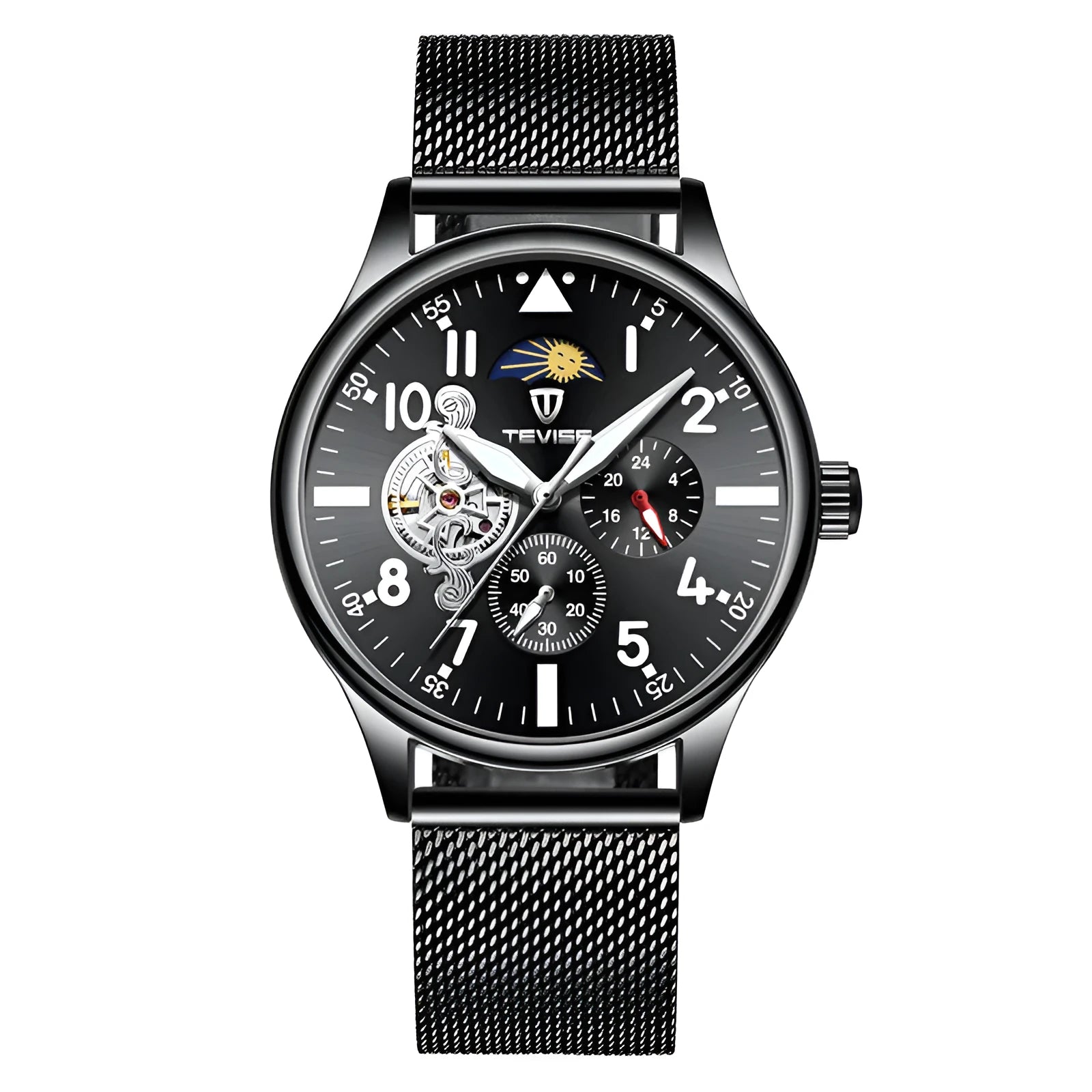 Black mechanical men's watch with 41mm alloy case, mineral glass, and luminous markers