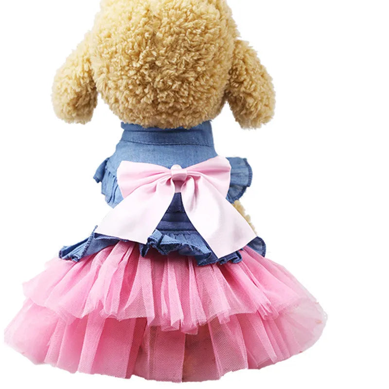 Korean design pet denim skirt with creative bow detailing in pink or white yarn for small to medium dogs
