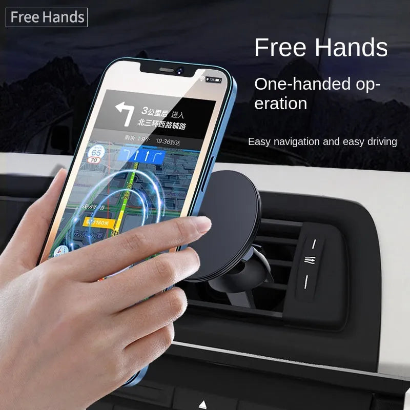 Black aluminium alloy magnetic car phone holder mounted on central control air vent