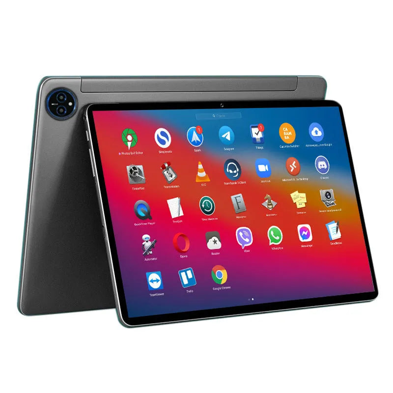 10-inch bare metal blue tablet in a leather keyboard case on a desk