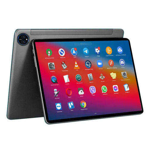 10-inch bare metal blue tablet in a leather keyboard case on a desk