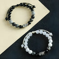 Black and white agate couple bracelets with snake clasps, turquoise accents, and glitter beads