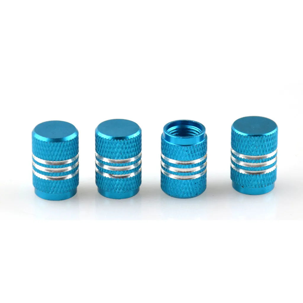 Set of coloured aluminium alloy car tyre valve caps in black, red, blue, gold, silver, green, purple, sky blue, grey, and orange