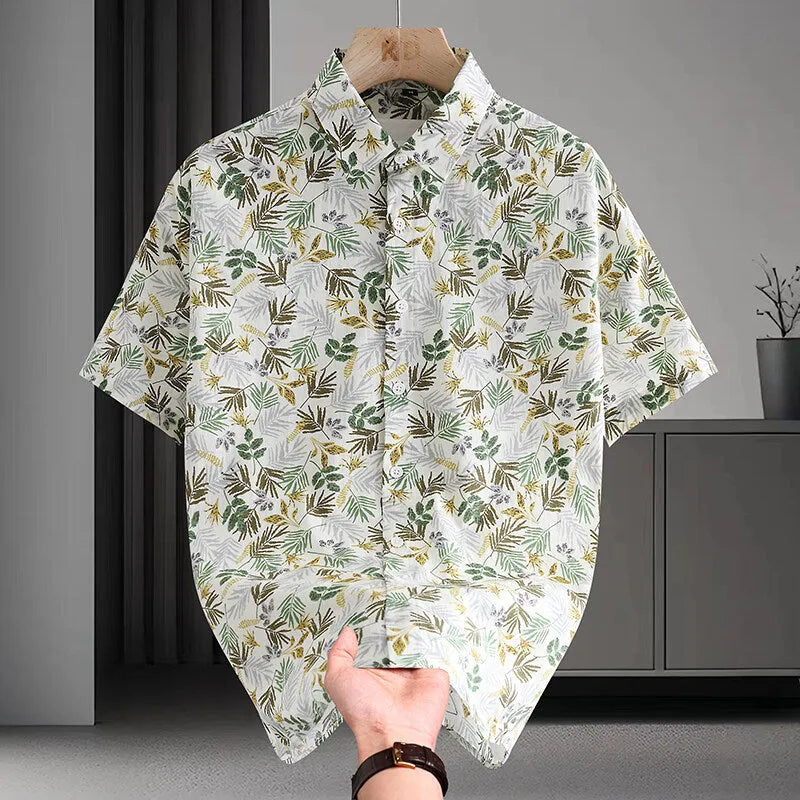 Men's floral print cotton short sleeve Hawaiian-style summer shirt on hanger