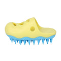TPR dog bath massage brush showing multiple head pattern variants in blue and yellow colours