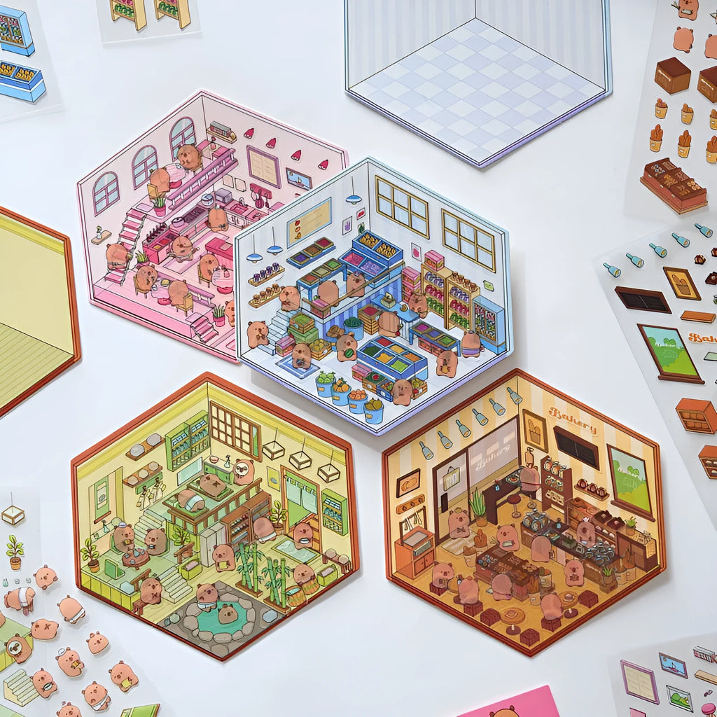 Capabala pre-cut landscaping cartoon stickers on a PET sheet in eight colour themes.