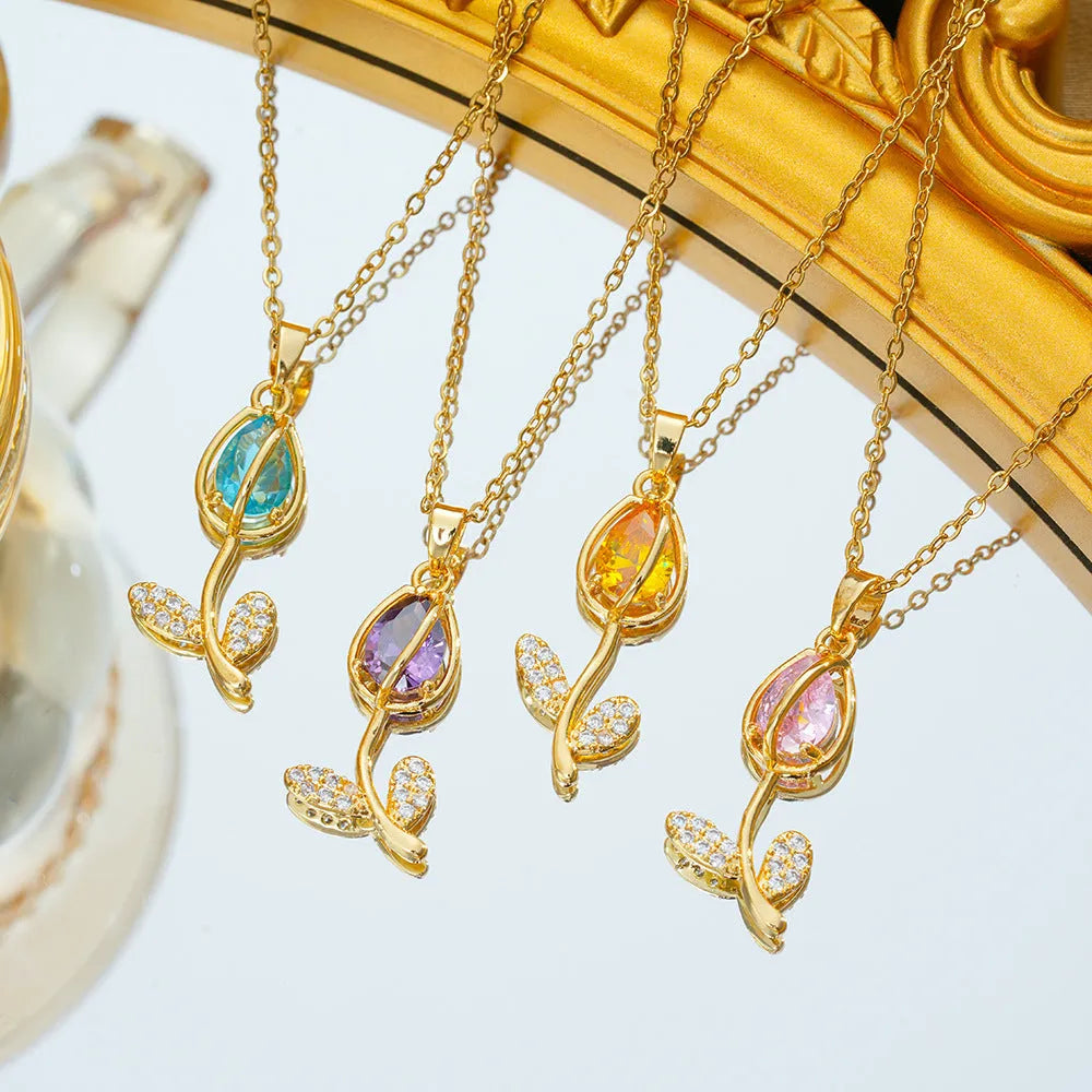 Zircon tulip necklace for women with copper-plated gold flower pendant on titanium steel chain.