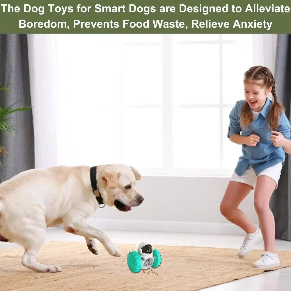Self-balancing dog treat dispenser toy in robot design with tumbler mechanism
