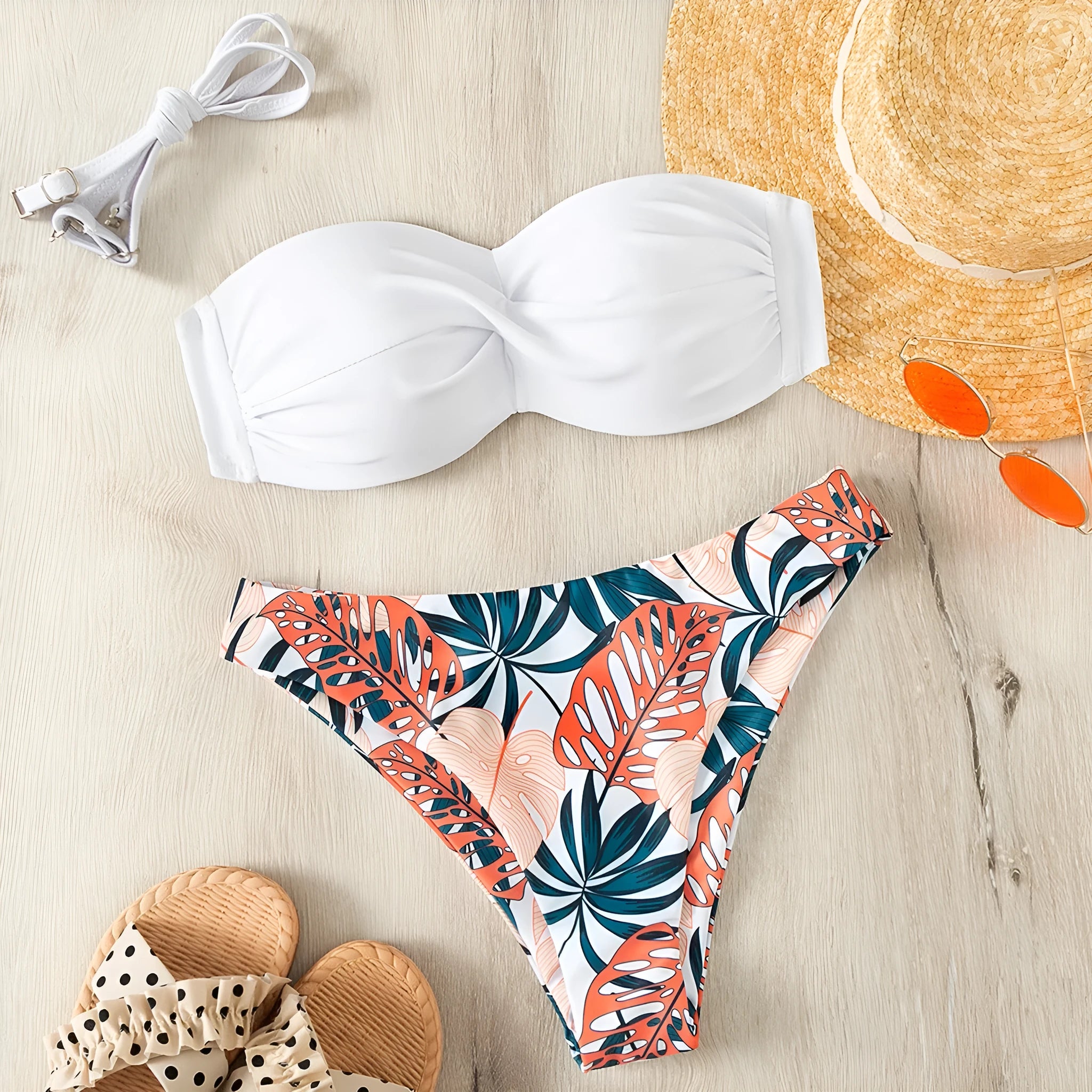 Two-piece bikini swimsuit with hard push up cups in briefs style, shown in available colours.