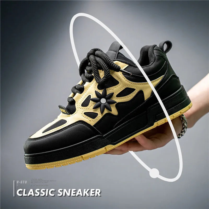 Men's Korean style bread shoes in black with belt decoration, flat heel, and low-top lace-up design