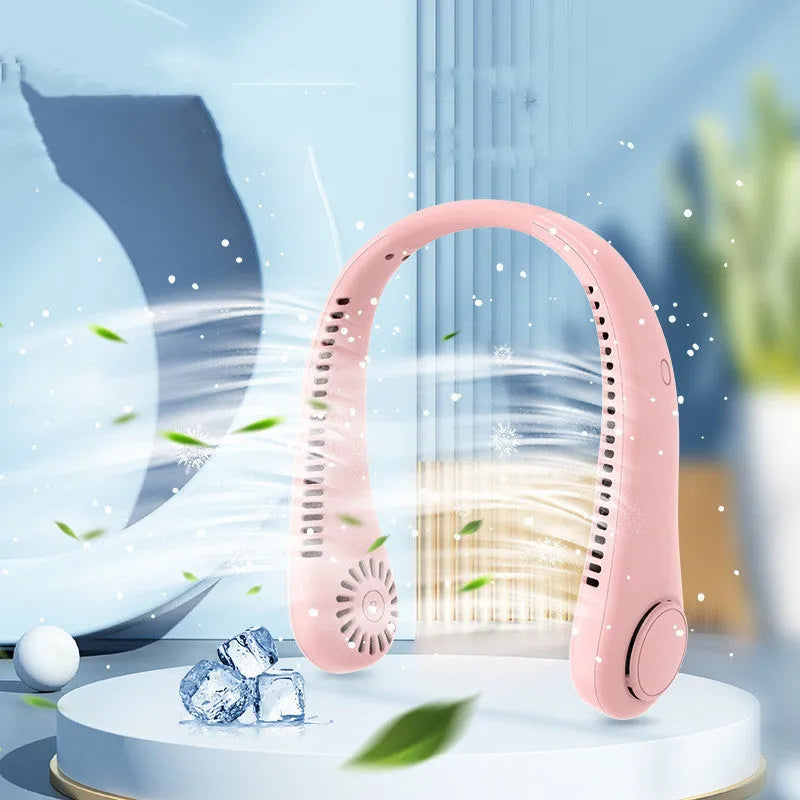 White rechargeable bladeless neck fan hanging around a person's neck showing minimalist plastic design