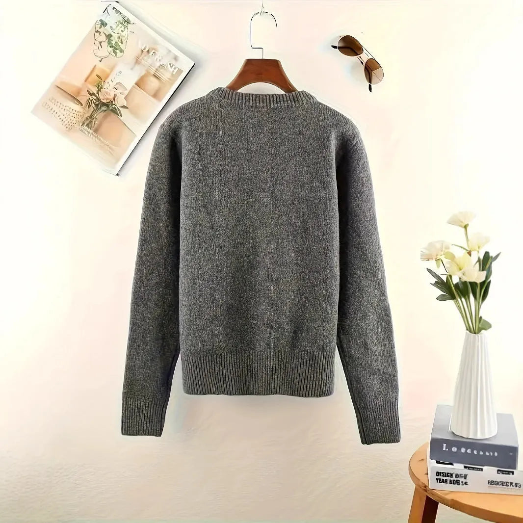 Dark grey women's button-front cardigan sweater with regular sleeves