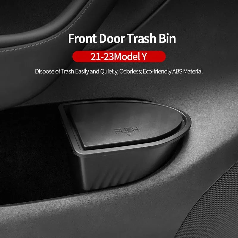Two black ABS plastic car door storage bins for Tesla Model Y front seats.