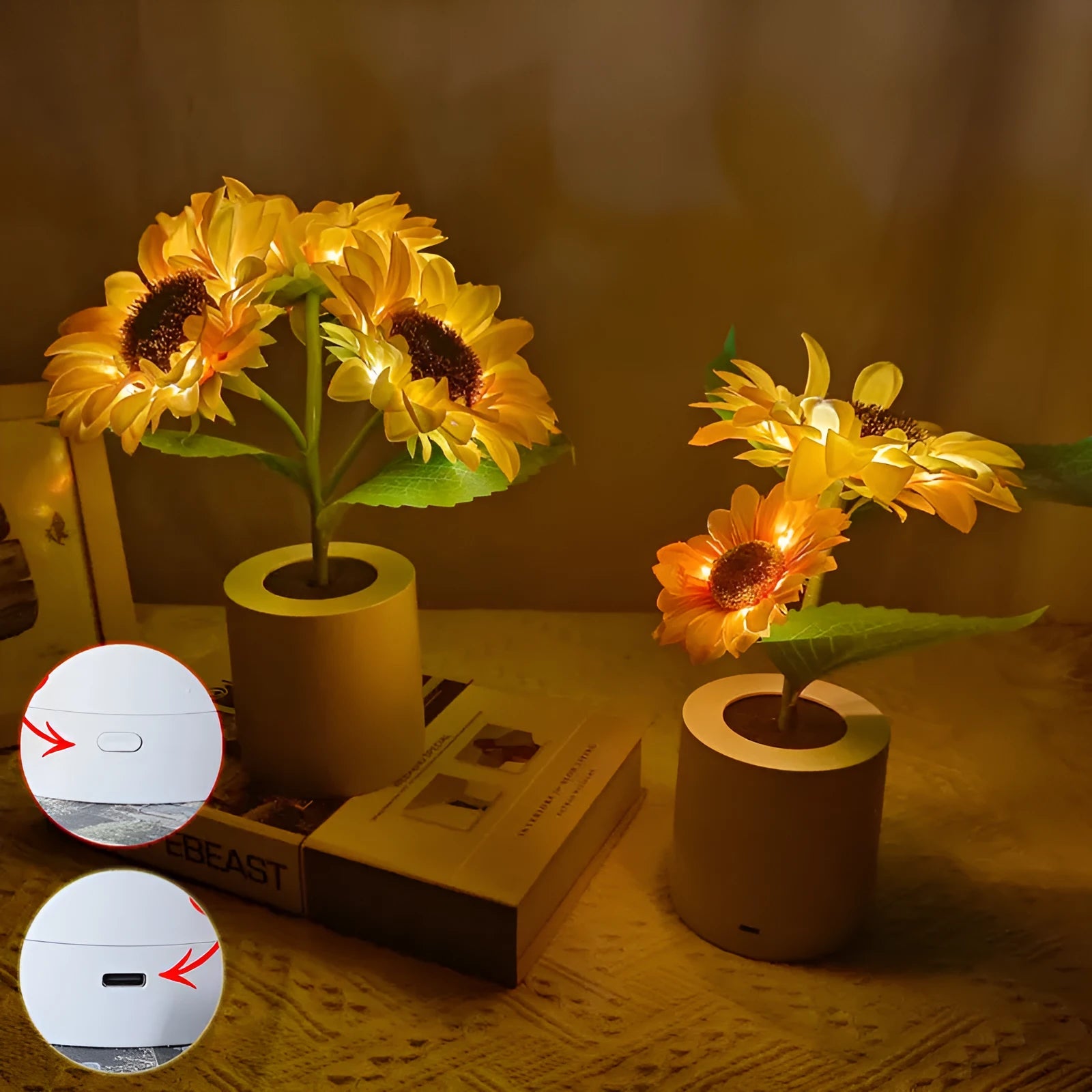 Sunflower LED night light with artificial flowers on wooden table