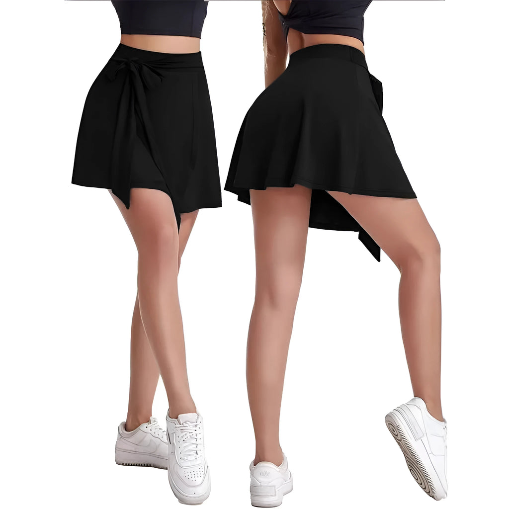 Black thigh-length sports skirt with anti-exposure shorts and shoulder strap details in Japanese Korean casual style