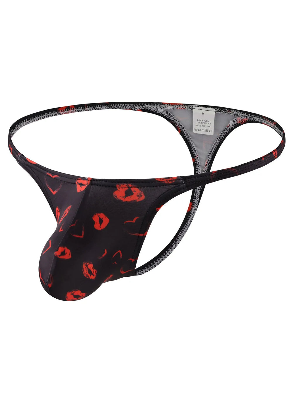 Men's low waist T-back shorts with couple theme cartoon pattern in black colour