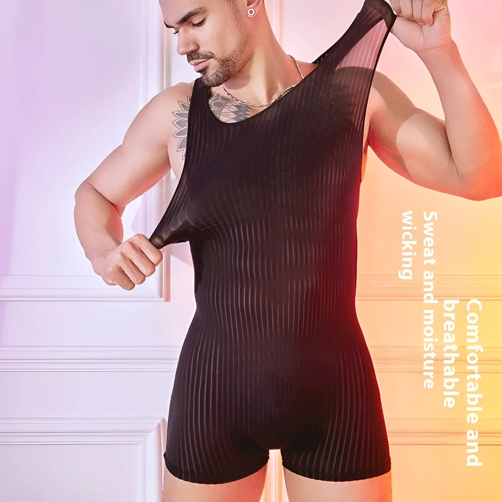 Men's black and white vertically striped lightweight nylon jumpsuit laid flat.