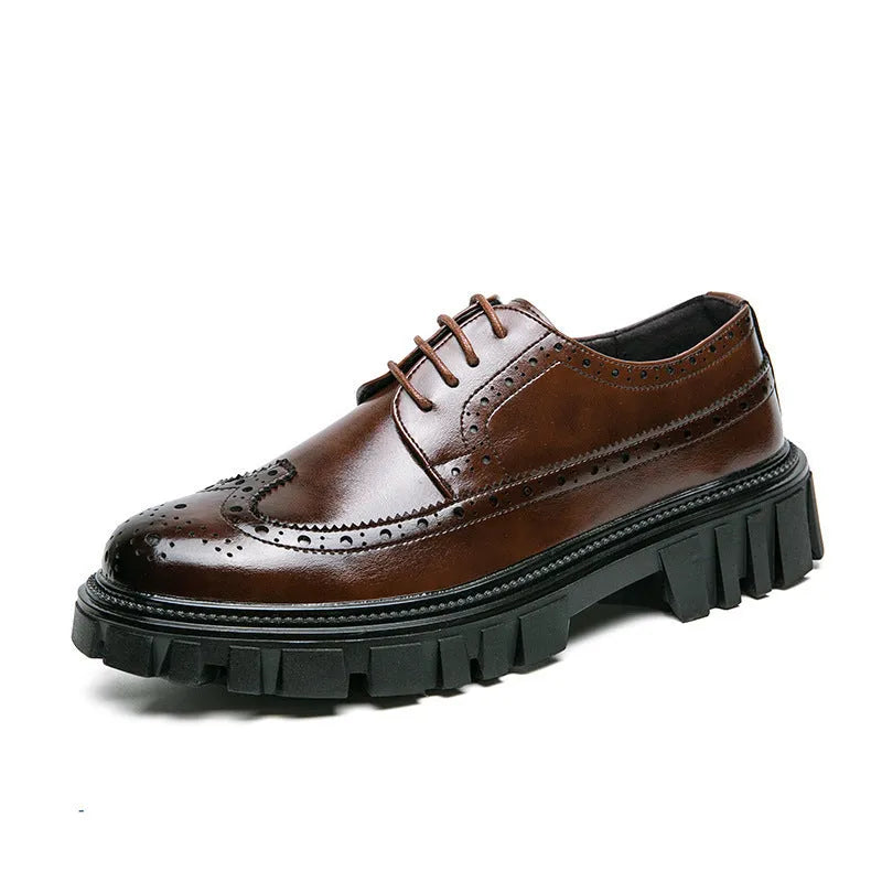 Men's black and brown round toe brogue shoes made from artificial PU leather for business wear.