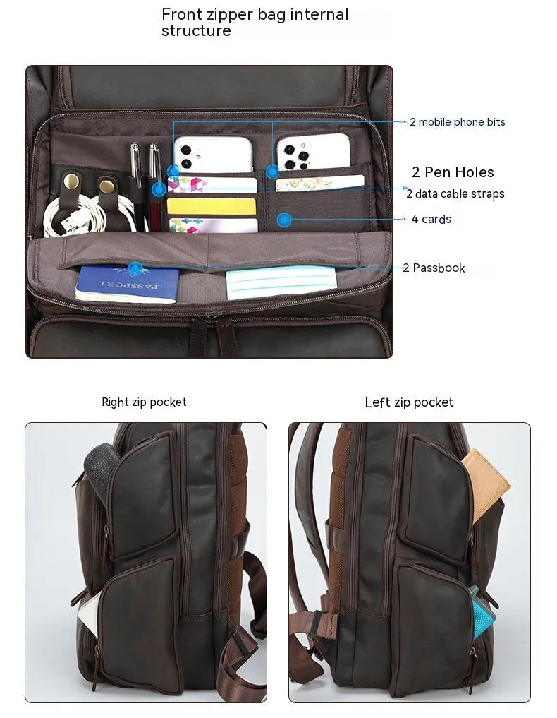 Dark brown retro crazy horse leather backpack for men open to show 17-inch laptop compartment and internal organisers.