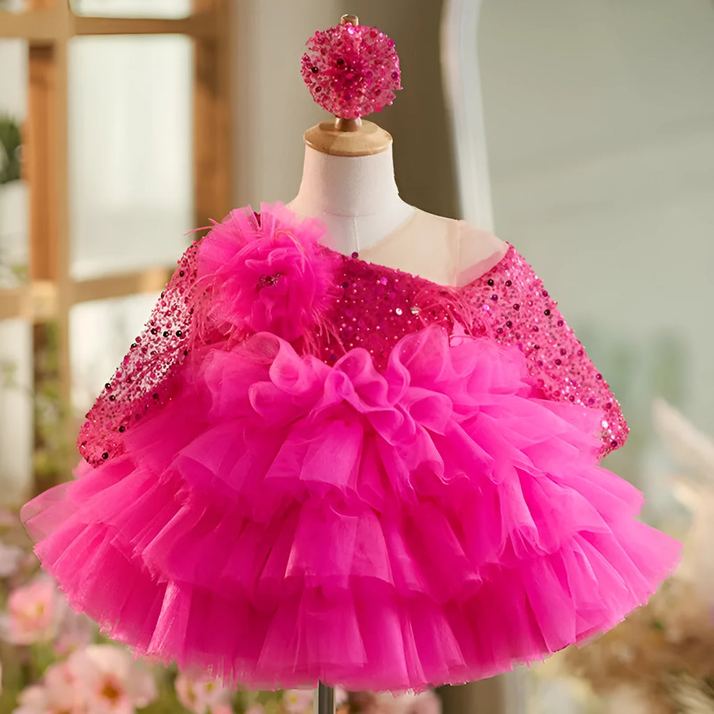 Rose red baby dress for one year old, polyester fibre, full length view on child, size 80-160cm