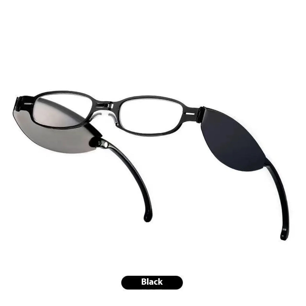 Folding presbyopic glasses with retro ring-frame in black and silver colours
