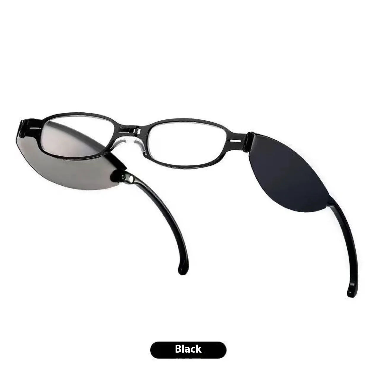 Folding presbyopic glasses with retro ring-frame in black and silver colours