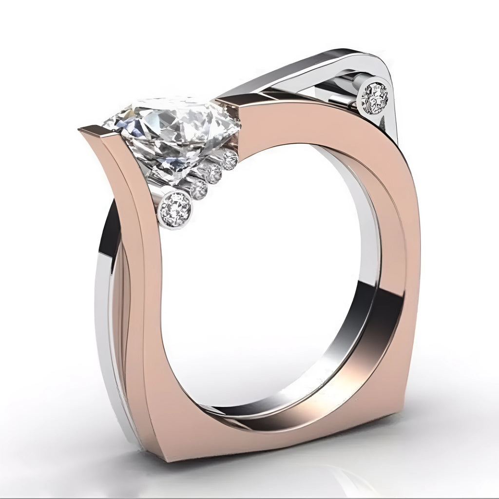 Rose gold coloured geometric women's ring with a central zircon stone inlay.