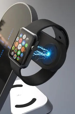 Black multifunctional alarm clock with wireless charging pad, Apple Watch spot, and digital display