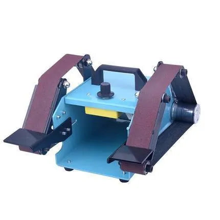 Blue desktop dual-axis belt sander on a workbench, a 750W sharpening and polishing tool.