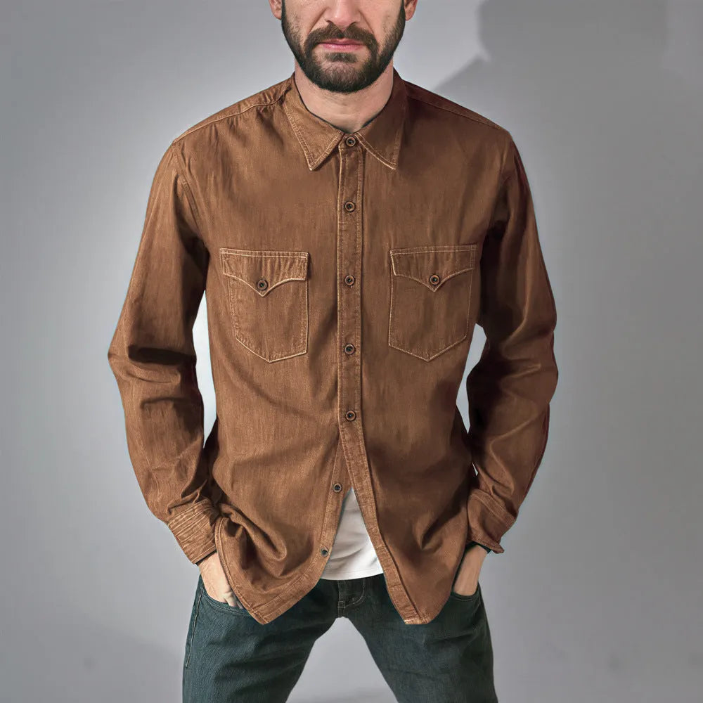 Regular fit denim cardigan coat in 100% cotton, shown in khaki colour
