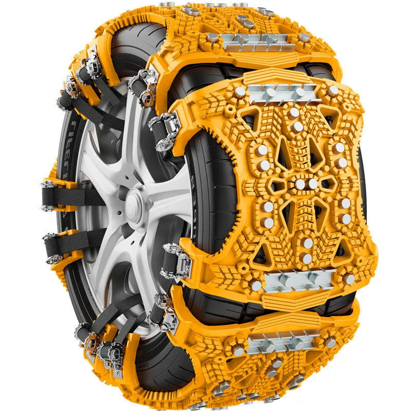 Universal car and SUV snow chains with steel gear links in black or yellow plastic casing with fitting tools