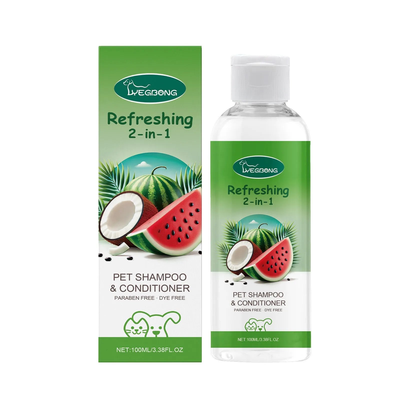 A 100ml bottle of pet 2-in-1 shampoo and fragrance shower gel for dogs and cats.