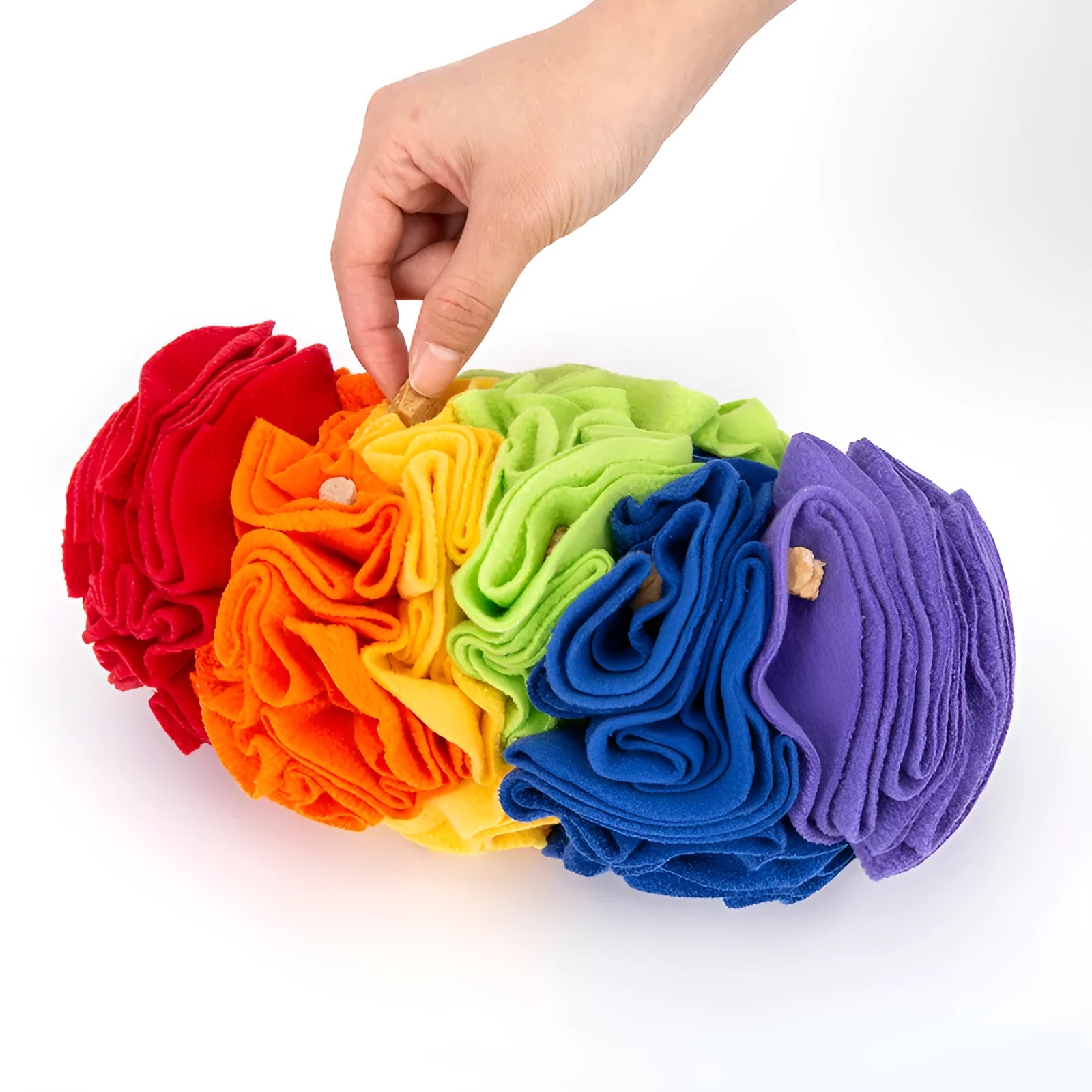 Dog snuffle pad made of polar fleece fabric in rainbow colour, 25x15cm, lying flat on floor